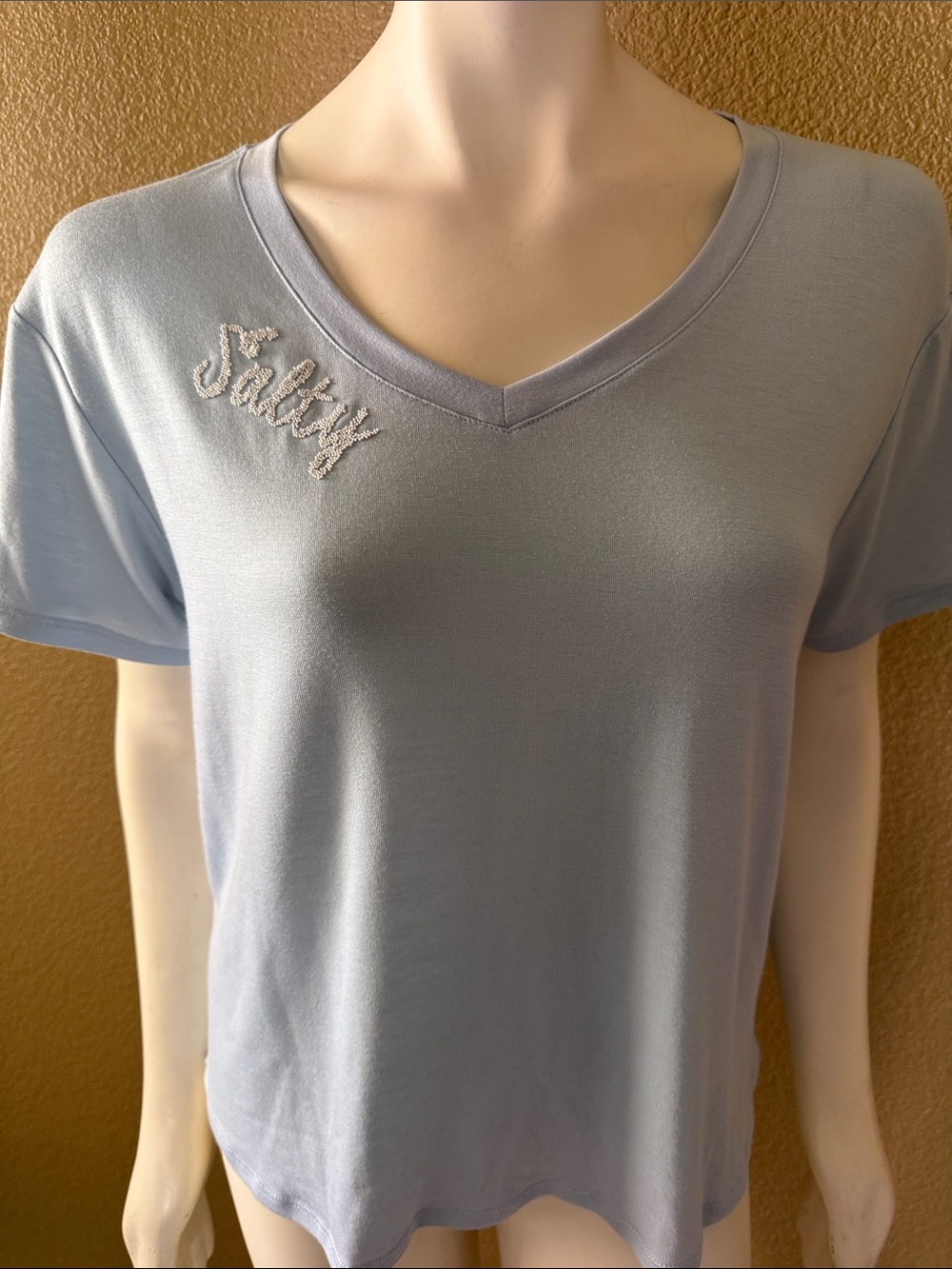 belle sky Light Blue V-Neck Tee with 'Salty' Embroidery